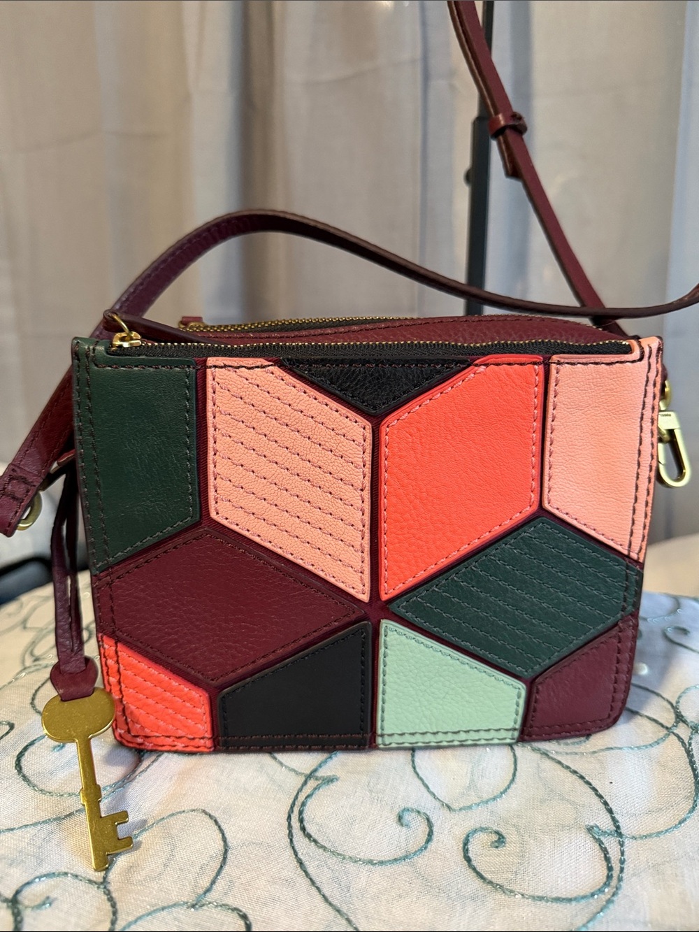 Fossil Geometric Patchwork Crossbody in Burgundy, Green & Coral